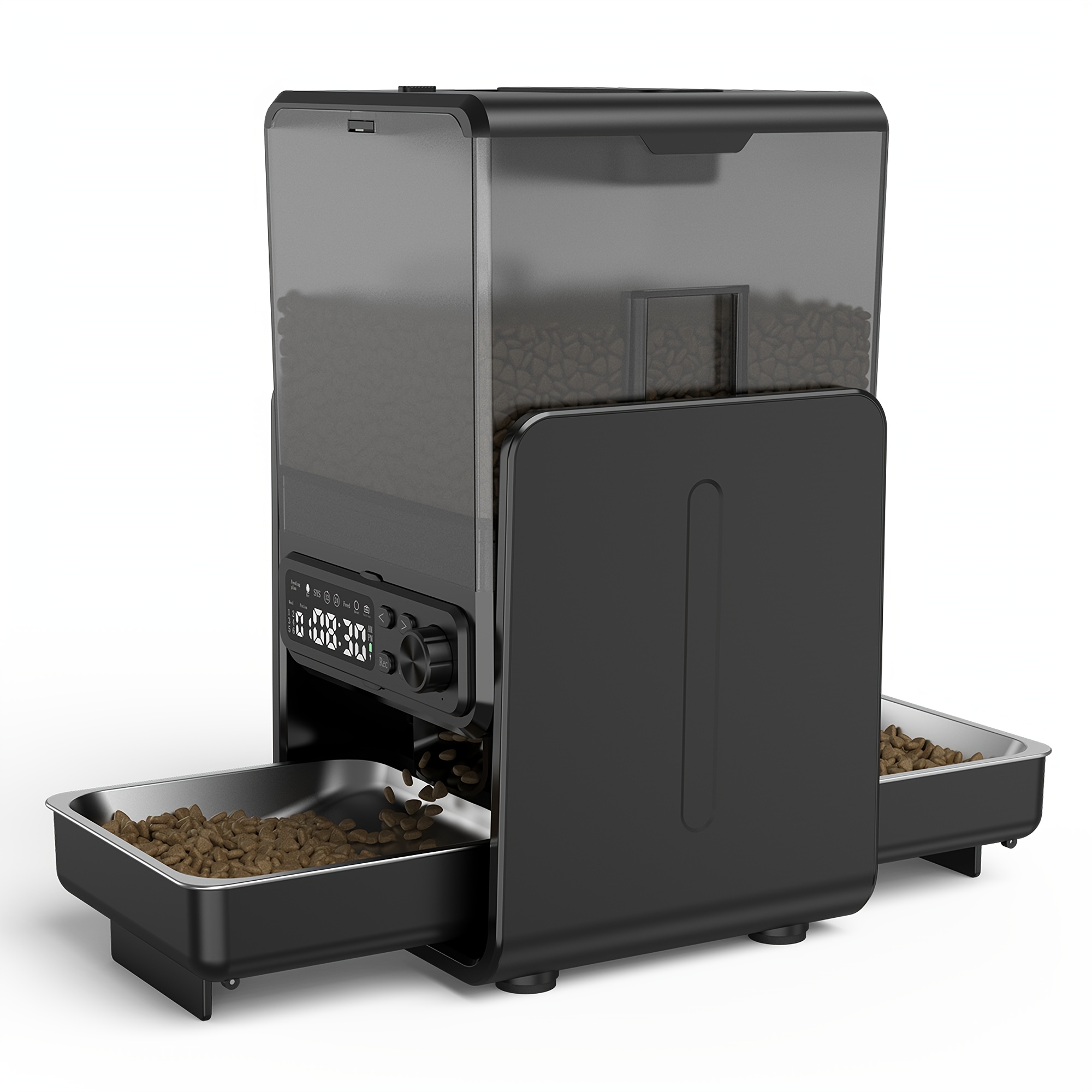 Tidsindstillet dispenser til katte og hunde med dobbelt skåldesign, 5 liters kapacitet, stemmeoptagelse, programmerbare indstillinger og muligheder til kæledyr indefra uden batteri. Produktdetaljer 1