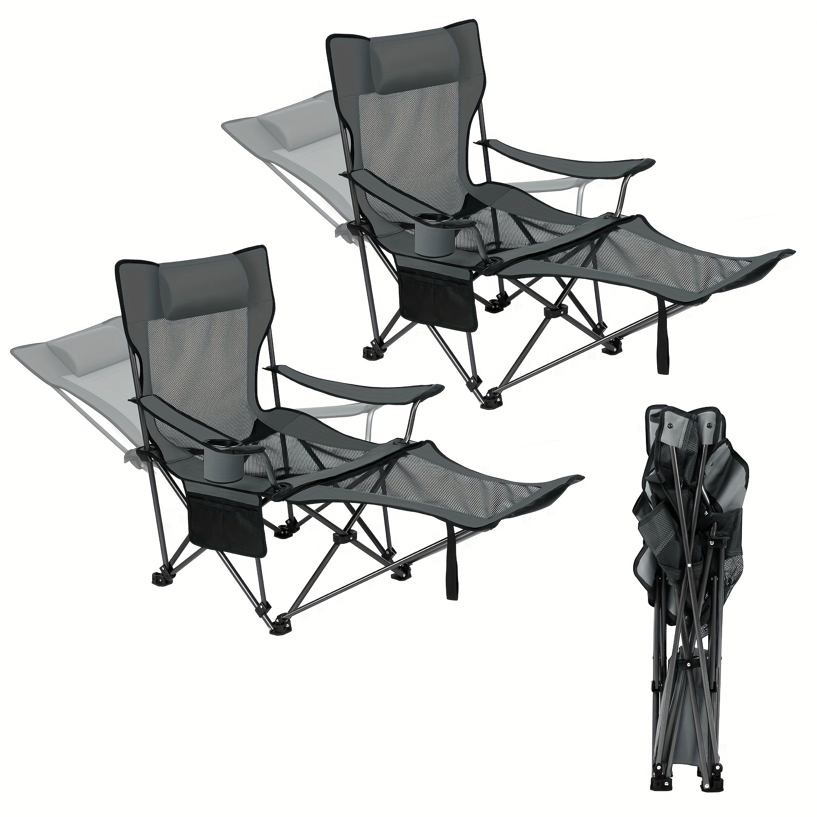 This 2pcs Outdoor Chair Is A Multi-functional Lounge Chair With Adjustable Backrest, Detachable Footstool And Cup Holder. Portable, Foldable, Labor- And Space-, Suitable For Camping And Swimming Pools