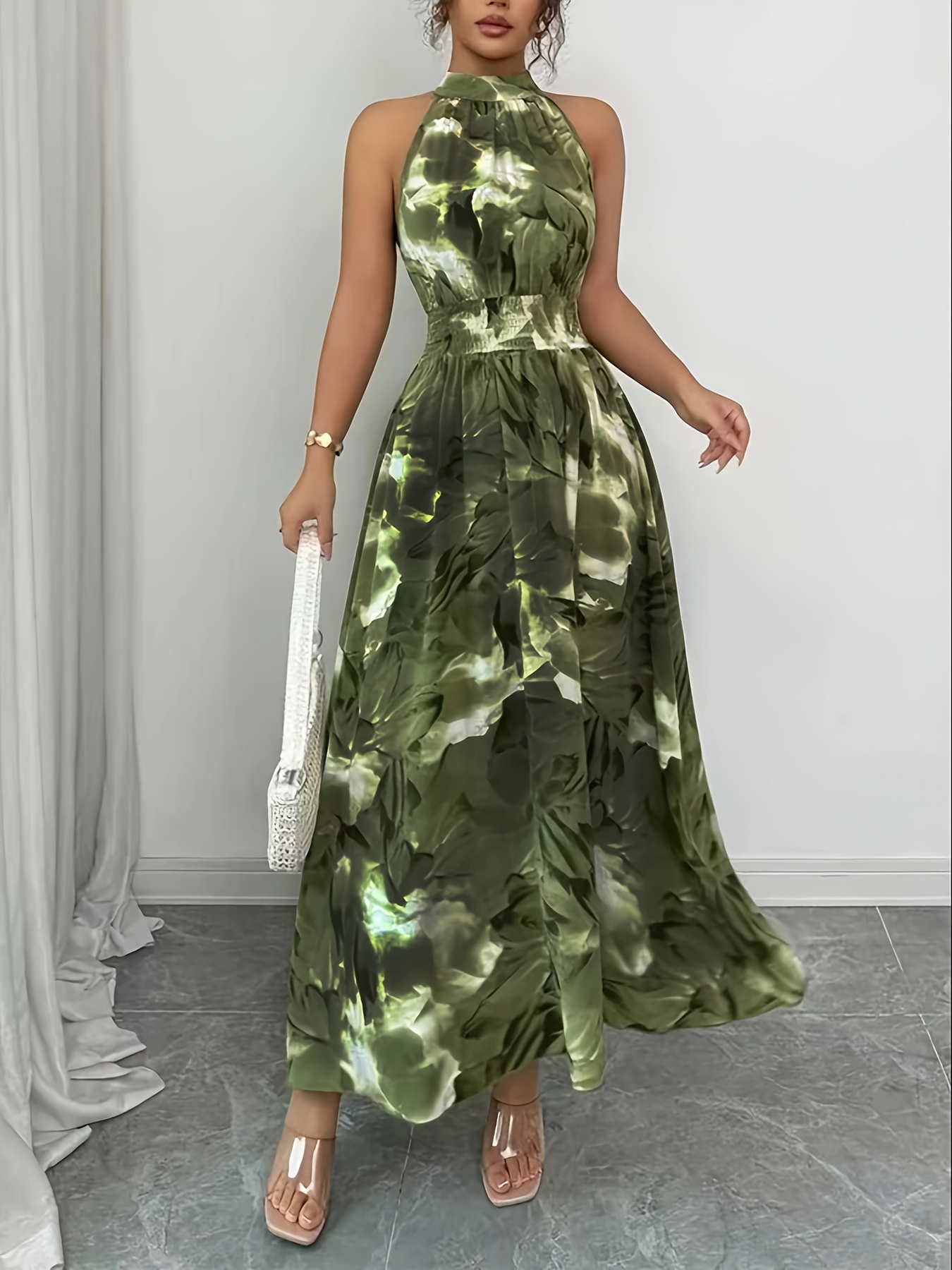 womens elegant floral turtleneck smocked waist a line dress - Temu Cyprus