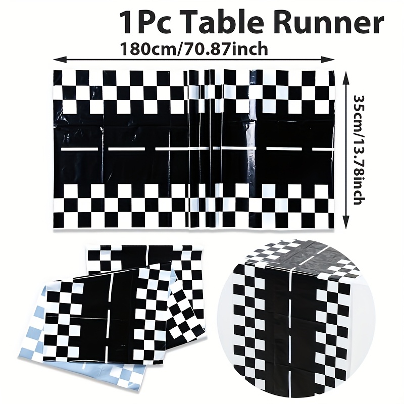 1pc, Racing Track Chic Table Runner, Polyester Rectangular Black And White Checked Racing Car Track Table Runner Table Flag - Racing Car Party Table Decor