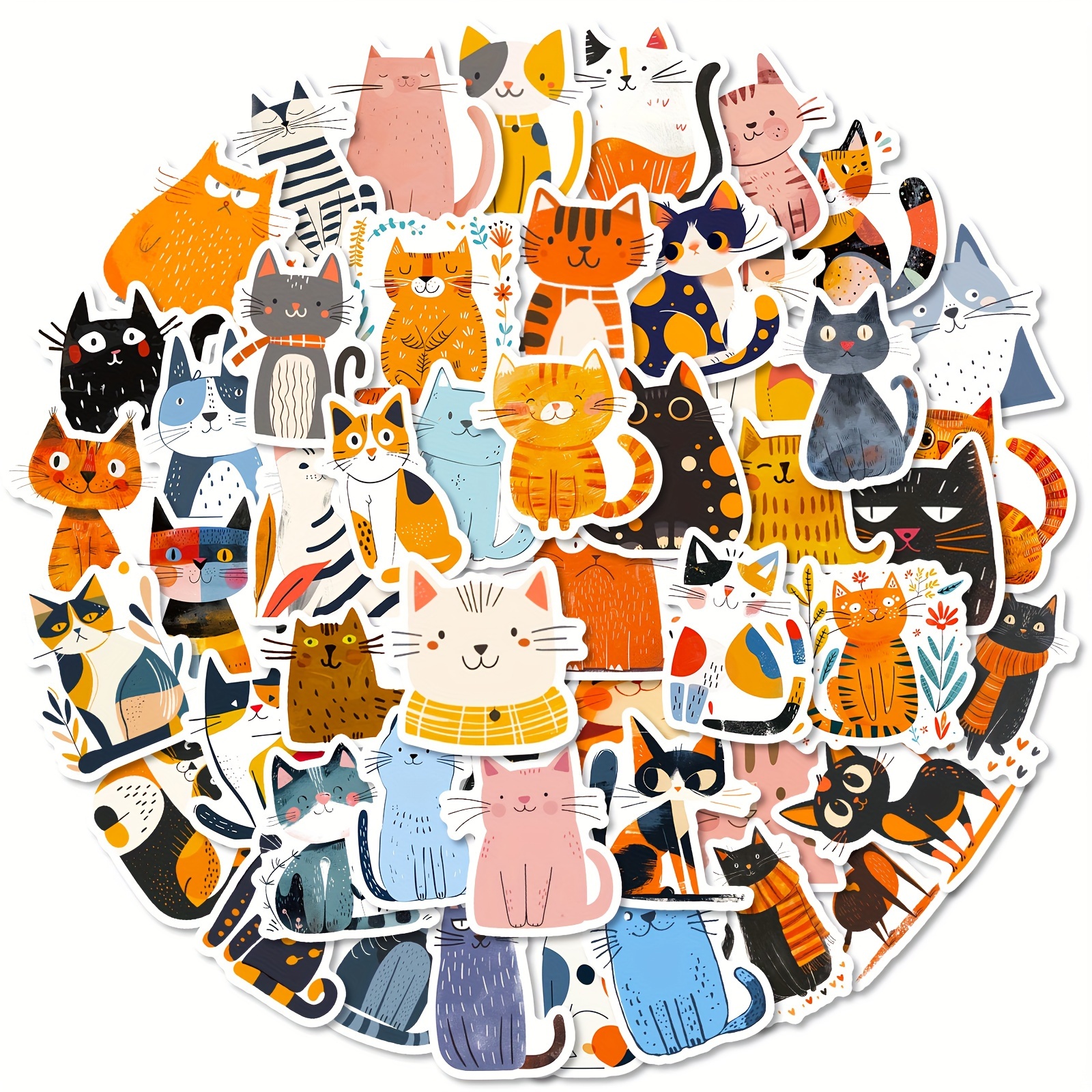 50pcs Cartoon Illustration Style Cat Stickers | Japanese Cute Cat Graffiti Stickers For Teens, Creative Notebook Stationery, Polypropylene Material, Self-adhesive, Irregular Shape, Mixed Color