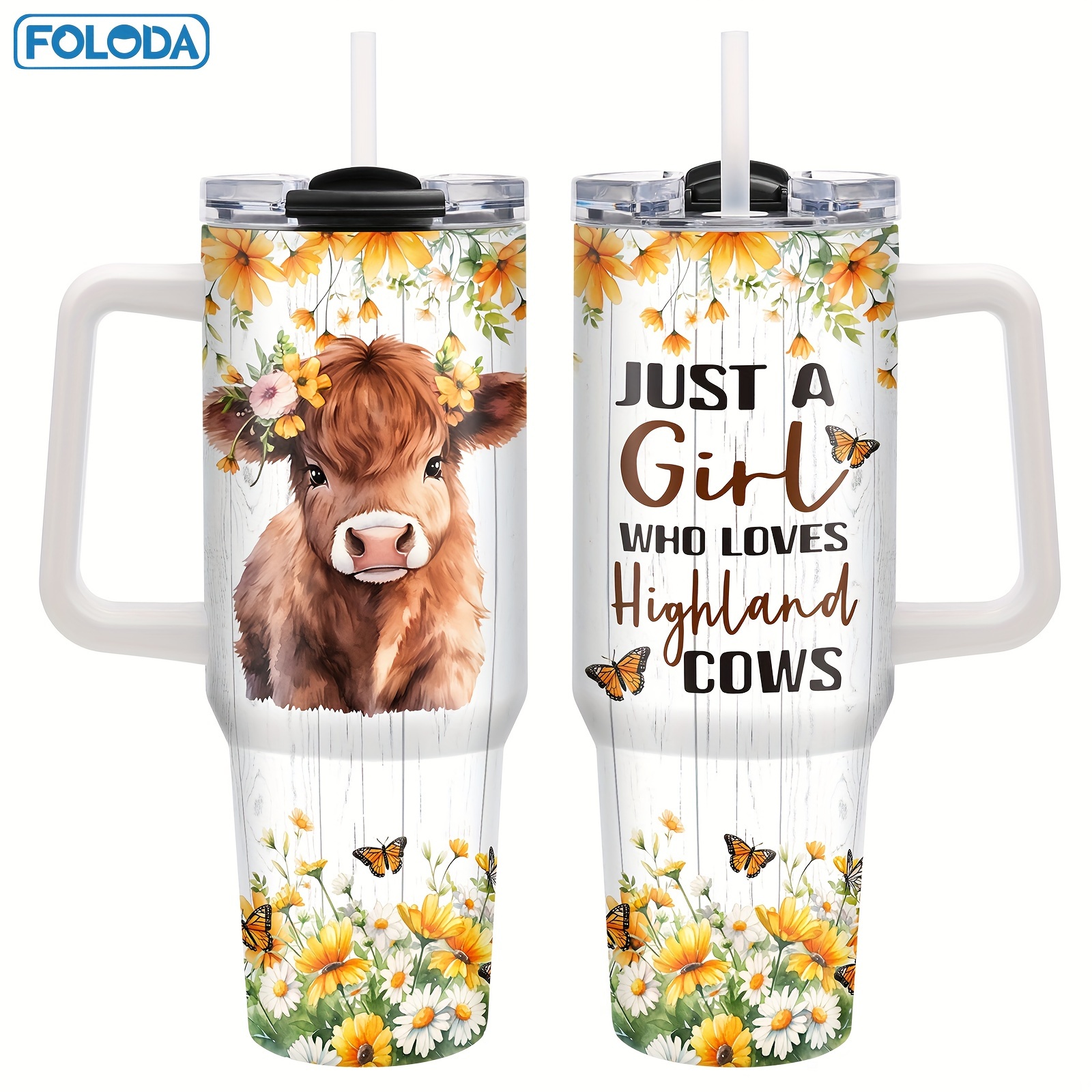 

Foloda Highland Cow & Floral 20oz/40oz Stainless Steel Insulated Tumbler - Leakproof Travel Coffee Mug With Lid, Straw, And Handle - Perfect Christmas Gift For Women And Animal Lovers