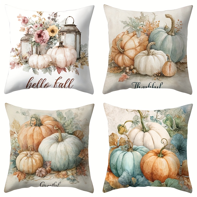 TEMU 4pcs Housses de Coussin Décoratives Automne - Imprimés Citrouille Vintage, Floral & Lanterne avec , Thankful, Hello Autumn & Grateful Designs,