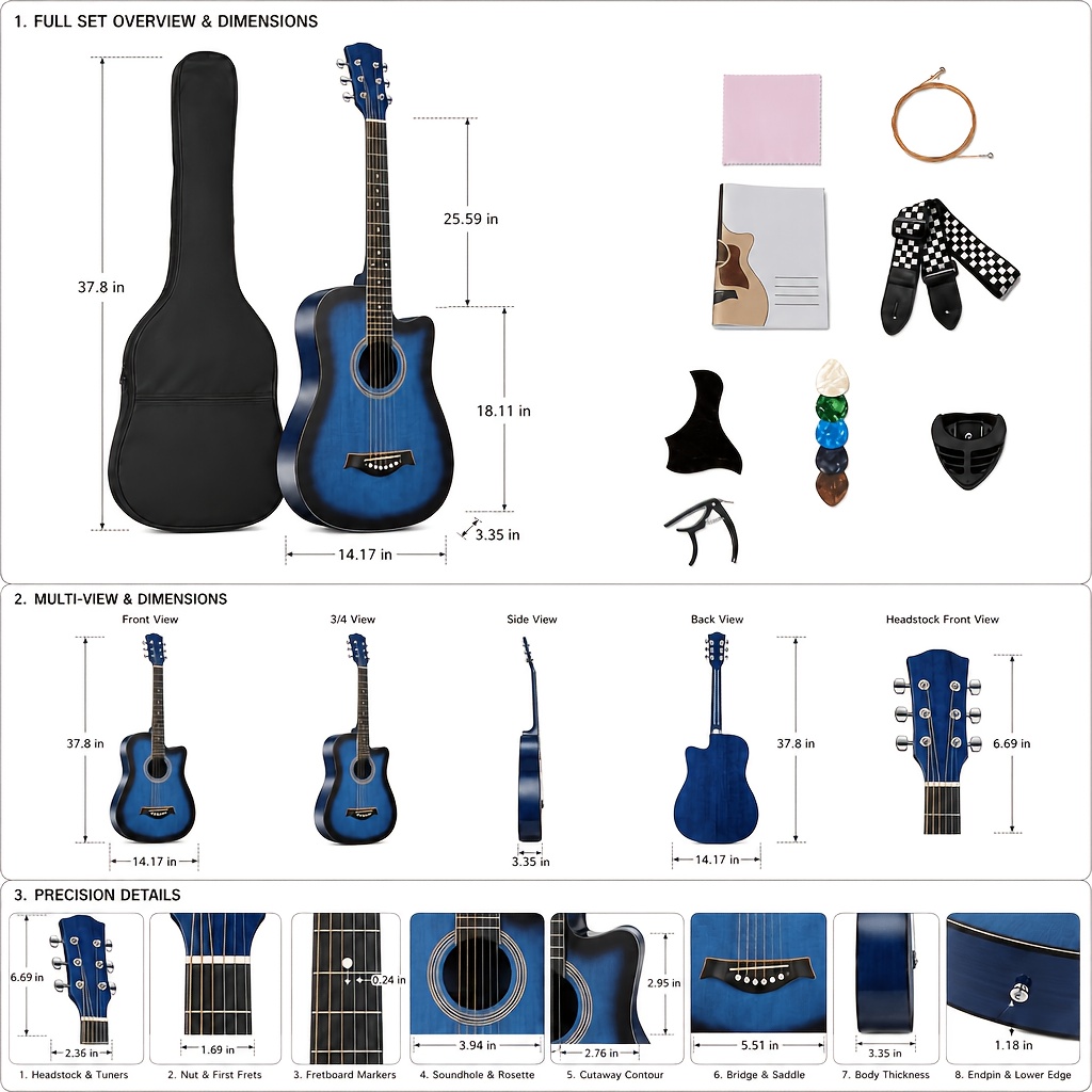 38 Inch Cutaway Acoustic Guitar, 5 Matte Color Options, Full... product image 8