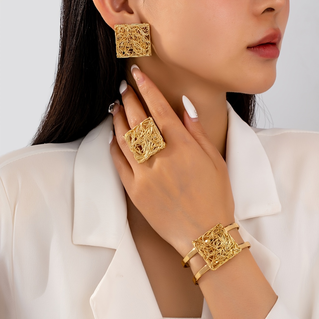 TEMU Hot Selling New Product, Sparkling Brushed Golden Small Square Earrings, Simple And Fashionable Ring Bracelet Suitable For Daily Wear,