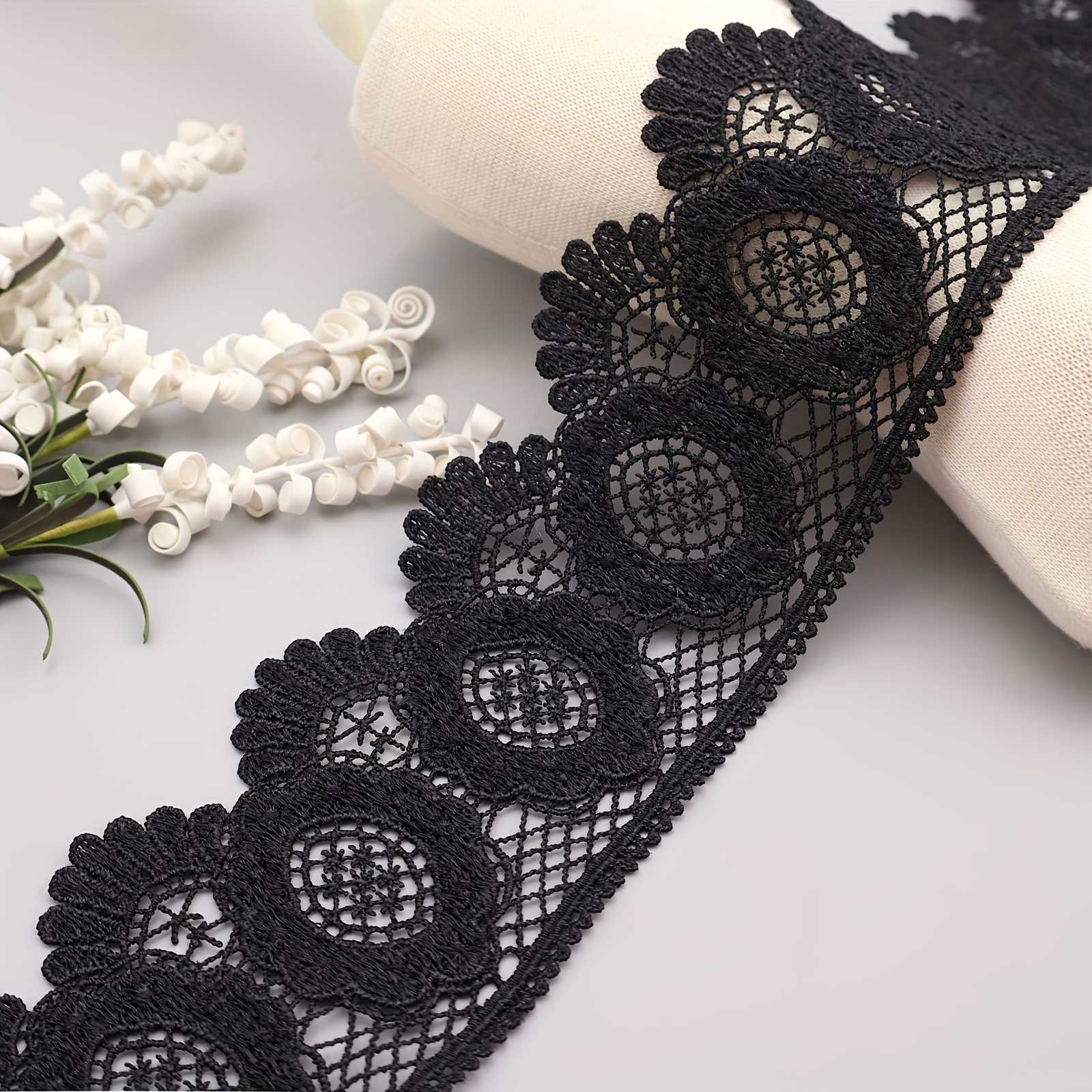 Venetian Lace Ribbon Trim - 3.1 Inch Wide Floral Pattern Embroidered Lace, For Handmade Crafts And Sewing Projects - Black And White Packaging
