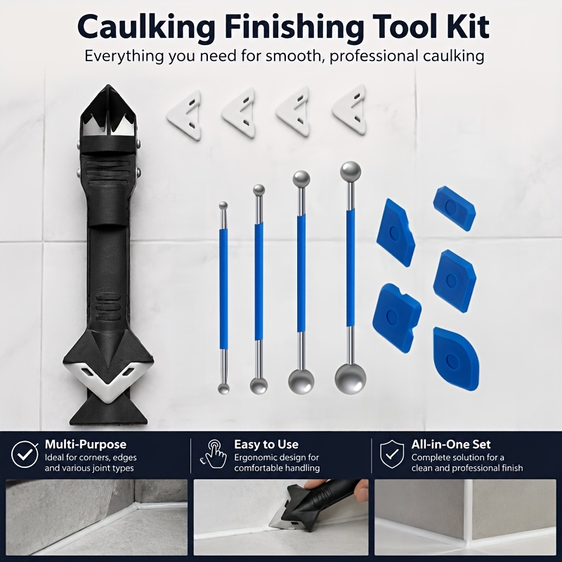 TEMU Kit de 14 outils pour jointoiement : boule de pour joint de carrelage, taloche à joint, buse à calfeutrer et outils de nettoyage de joint. Un