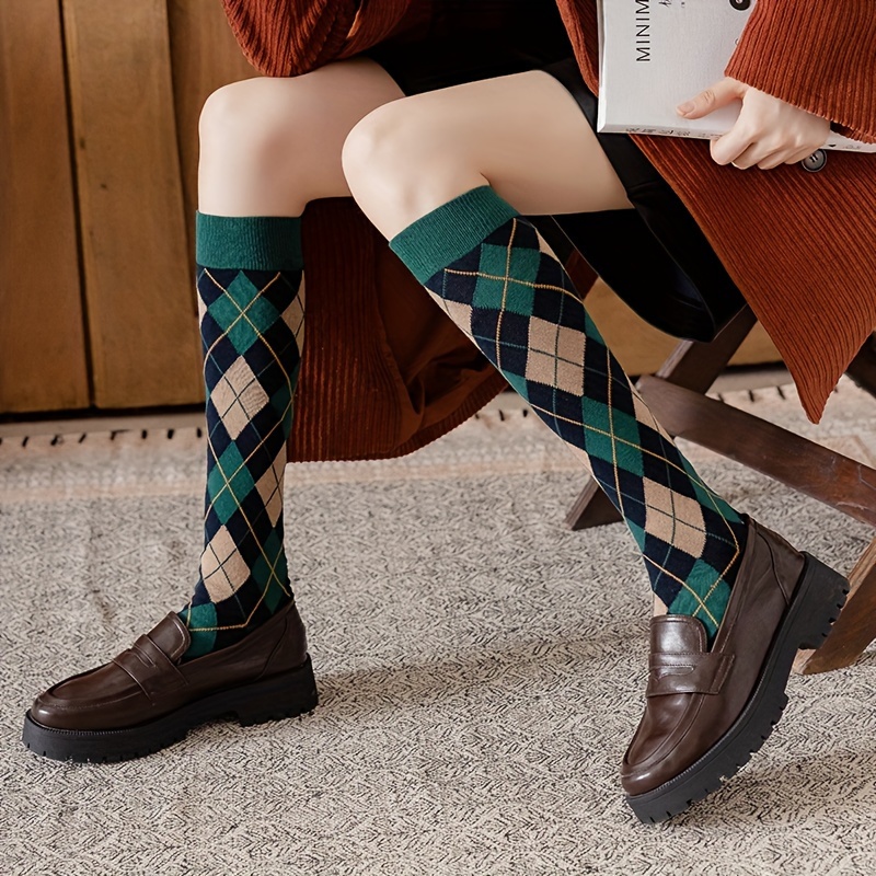 pack womens british argyle checkered knee high socks retro