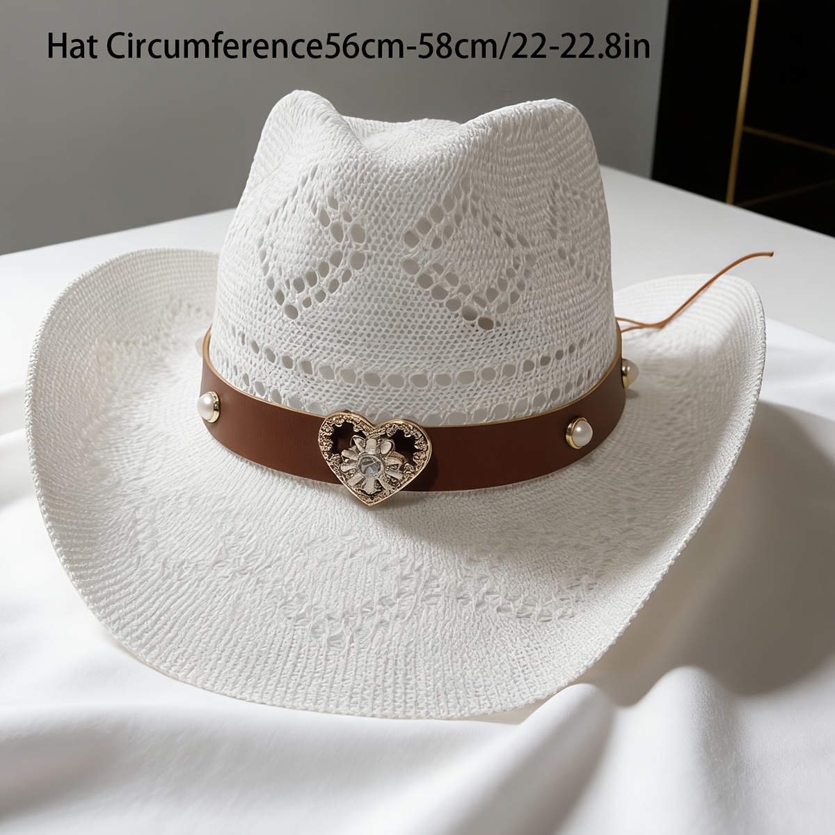 Image of Vintage Unisex Western Cowboy Style Heart Rhinestone Belt With Straw Cowboy Hat, Summer Breathable, Ranch Vacation Photo Shoot Atmosphere