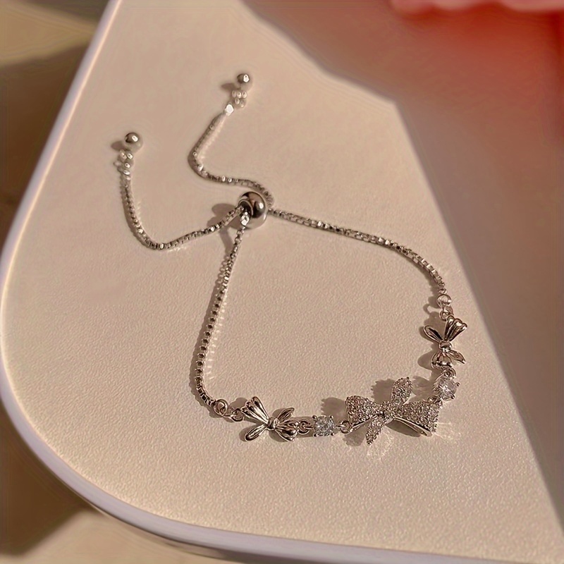 

Fashion Shiny Cubic Zirconia Decor Bowknot Bracelet For Girls, Sweet Trendy Adjustable Chain Bracelet, Party Gift