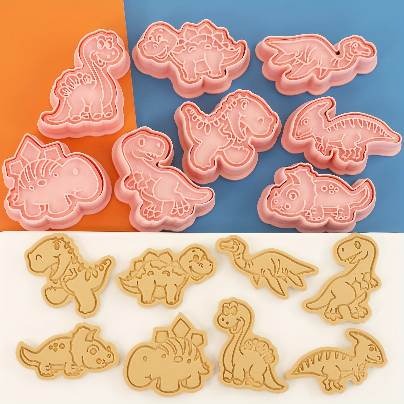 Image of Dinosaur Cutter With Plunger Stamps 8pcs Set 3d Cute Dino Shaped Embossing Biscuit Cracker Cutters For Boys And Girls Birthday Party