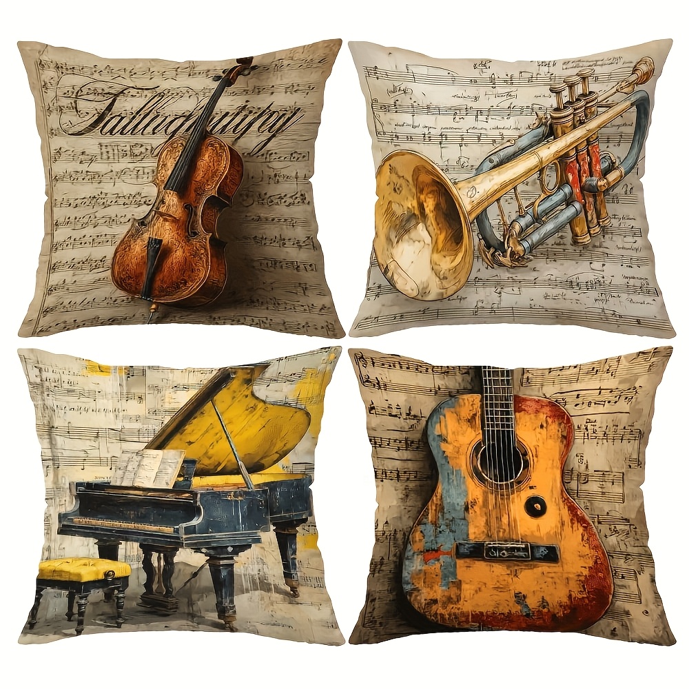 TEMU 4pcs Instrument Pillow Covers, Violin Trumpet Piano Musical Pattern, Double Sided Print, 100% Polyester, Machine Washable, Decorative Pillowcase