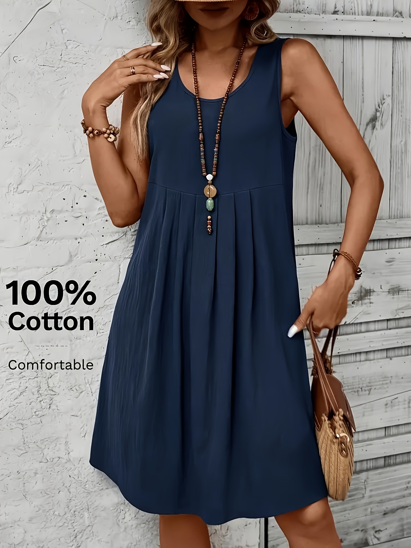 slk063002 womens sleeveless pleated a line dress soft breathable round neck casual