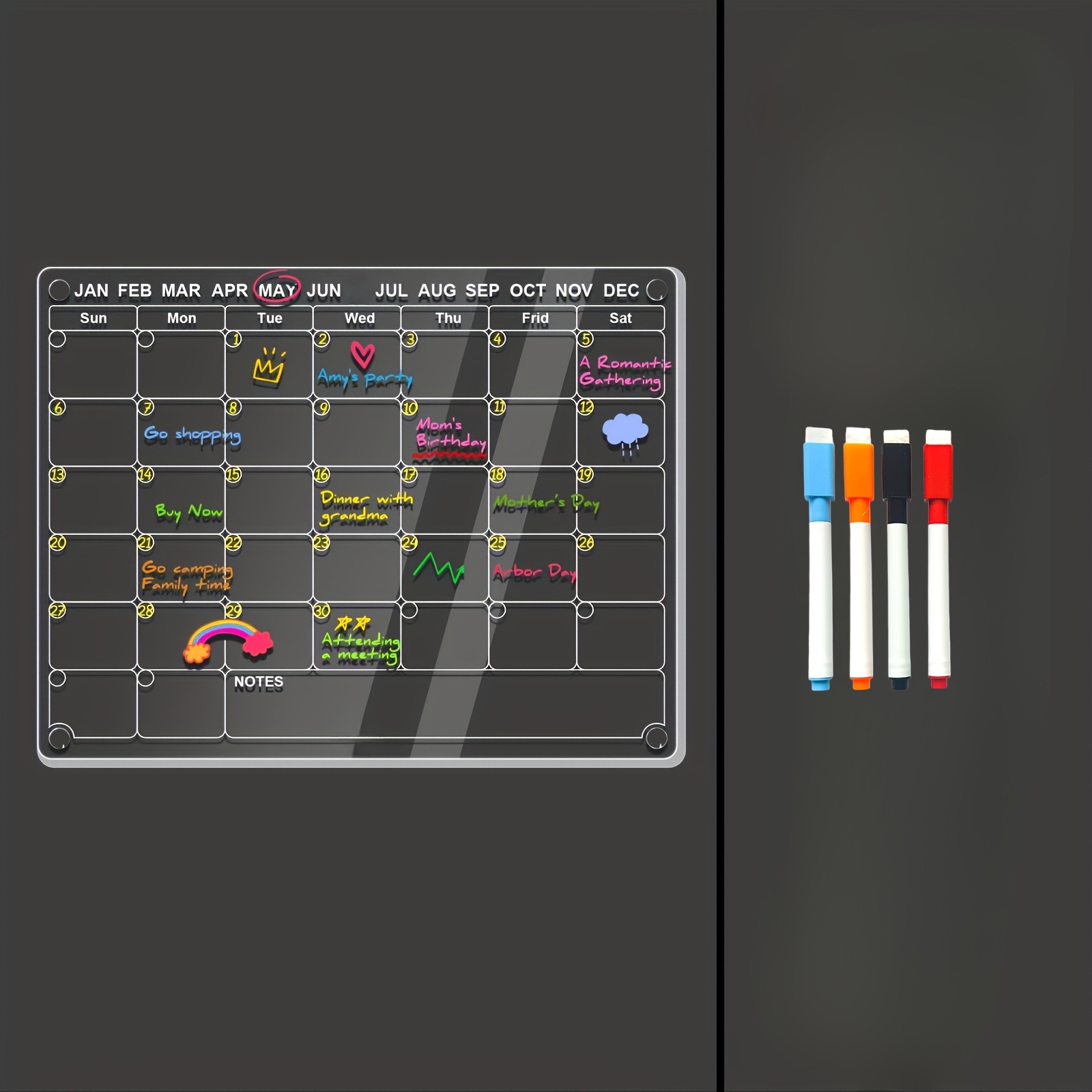 TEMU Transparent Erasable Calendar, A For Home And Office Organization, Monthly Planning Board| Contains 4 Colored Markers(random Colors)- Suitable