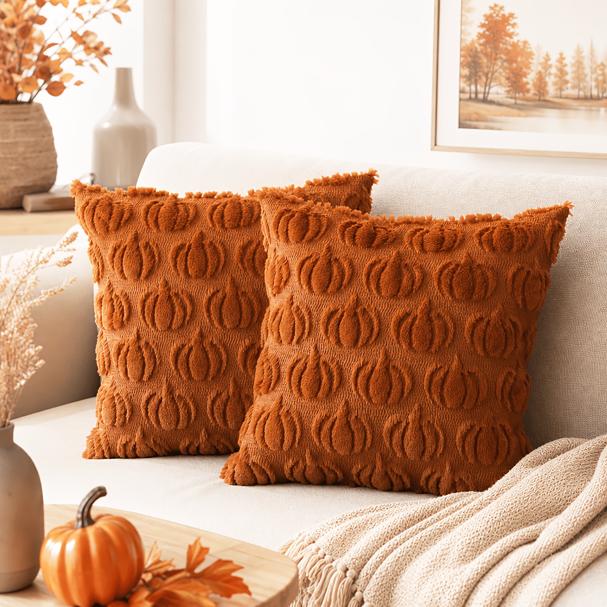 TEMU 2 Pack Fall 3d Jacquard Pumpkin Throw Pillow Covers 18x18 12x20 20x20 Inch, Autumn Thanksgiving Decor Cushion Covers, Cozy Modern Home Fall