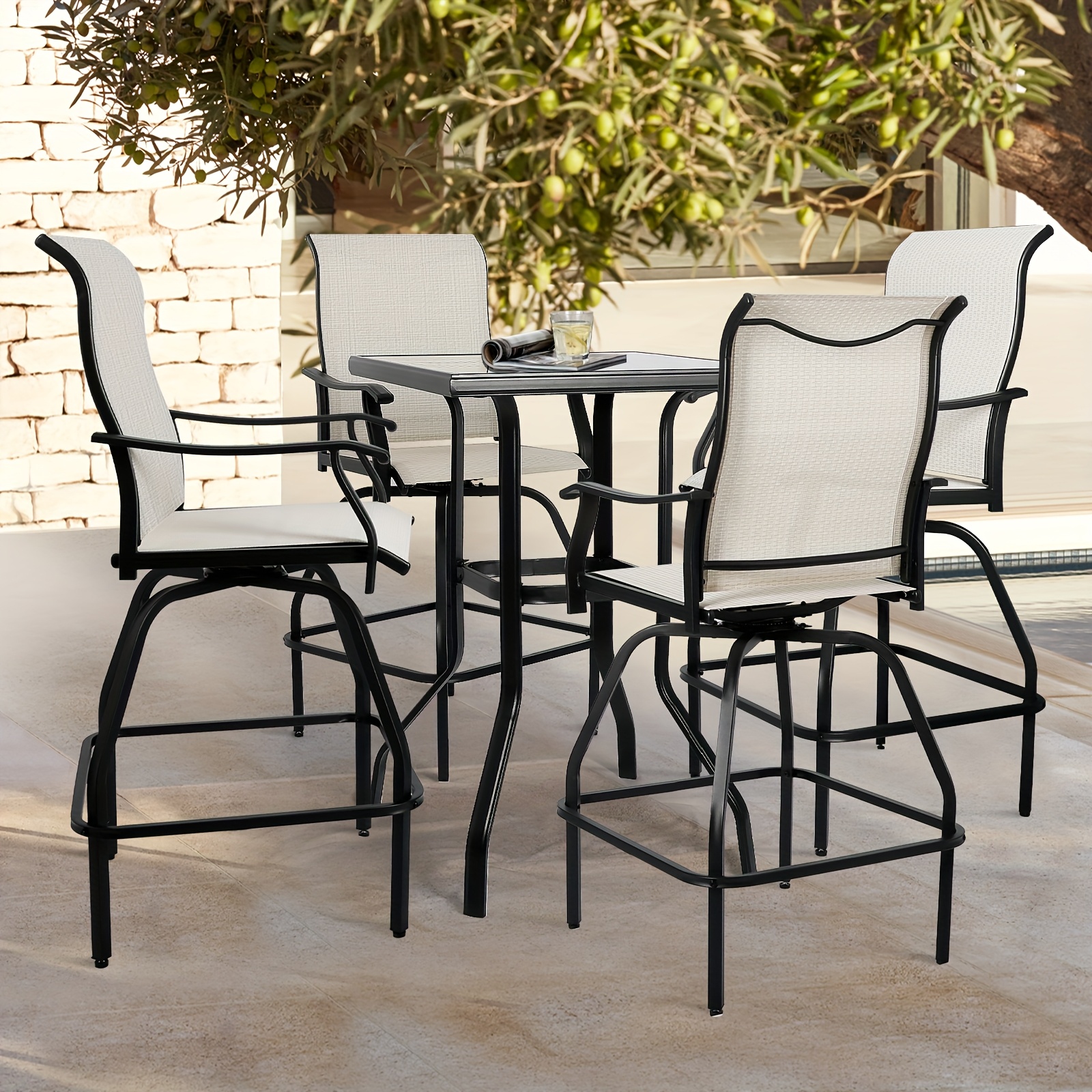 2/3/5pcs Patio Bar Set, 360° Swivel Bar Stools, Outdoor Bistro Furniture with High-Density Textilene Fabric & Heavy Duty Metal Frame, High Top Table And Chair Set for Balcony, Poolside, Garden & Backyard