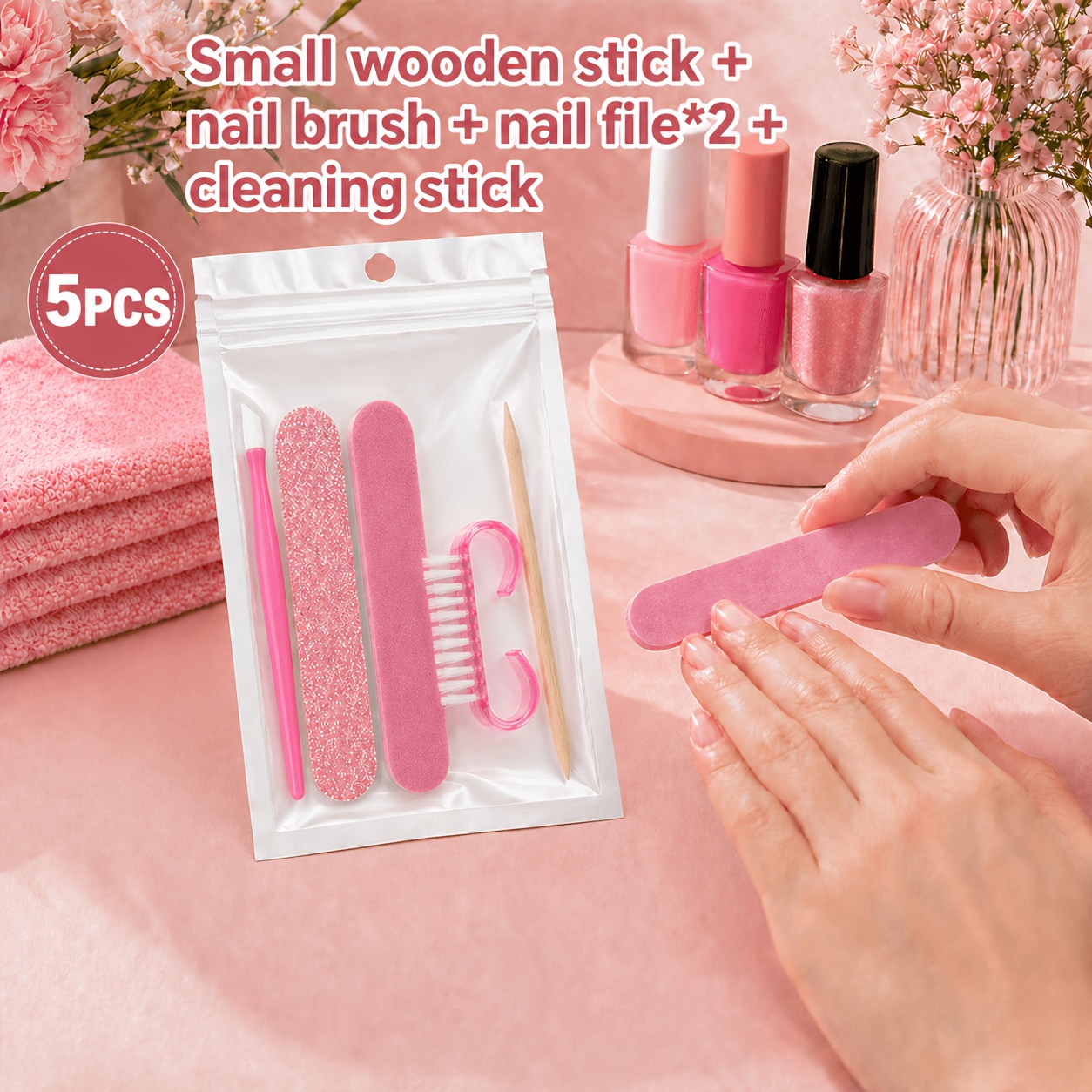 Image of 5pcs Manicure And Pedicure Set, Mini Nail File And Stick, Double-sided Nail File, Wooden Cuticle Pusher And Nail Brush