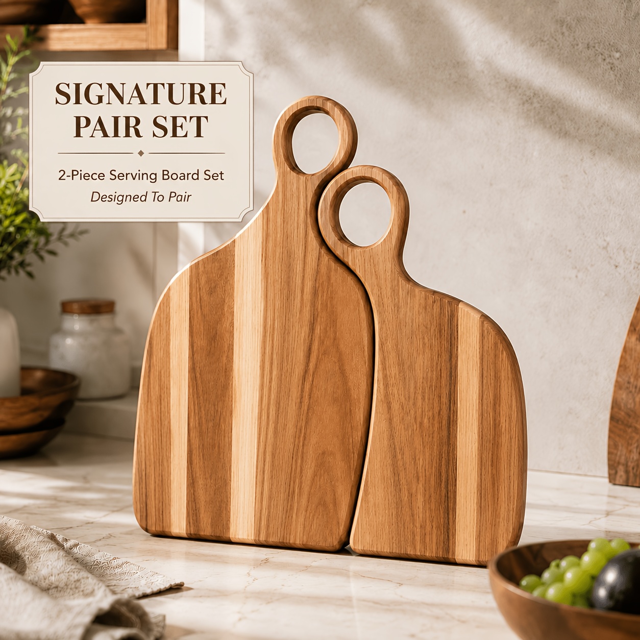 TEMU 2pcs Acacia Wood Cutting Board Set, Thickened Reversible Wooden Chopping/serving Board With Hanging Hole Handle, Suitable For Meat, Bread, And