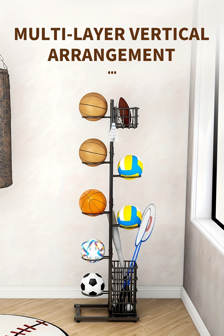 Garage Ball Storage Rack - Wall Mounted Vertical Ball Holder Basketball Soccer Volleyball Football Space Saving Sports Equipment Organizer Garage Indoor Roo