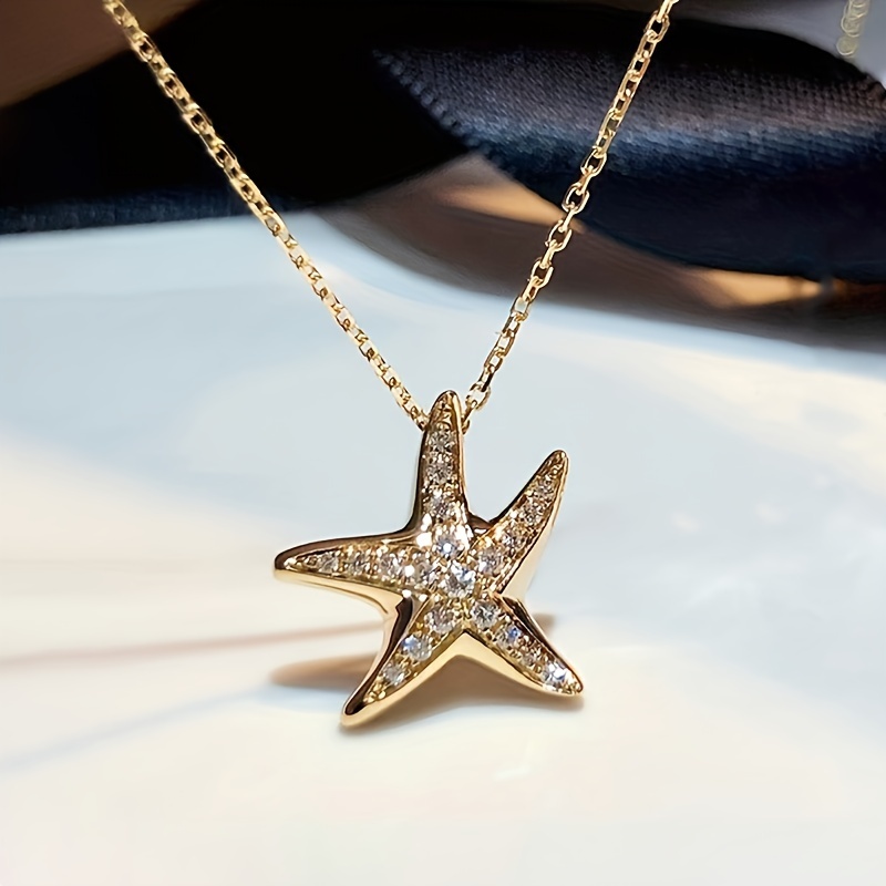Image of 1pc Women's Fashion Pendant Necklace, Cute Ocean-themed Starfish Necklace With Synthetic Synthetic Zirconia Inlay, Elegant Necklace For Women's Vacation, Parties, And Daily Wear, Spring/summer Jewelry