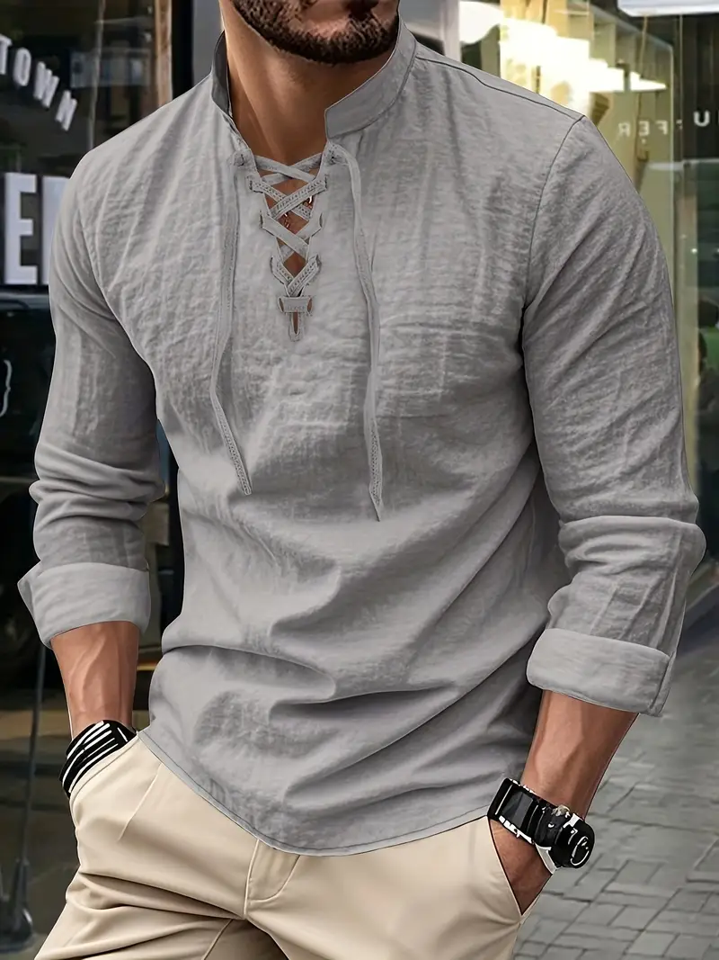 mens elegant linen v neck long sleeve t shirt with cross strap detail breathable regular fit for casual outdoor evening wear spring summer fall versatile top casual wear tee tshirt linen fabric t shirts Product details 35