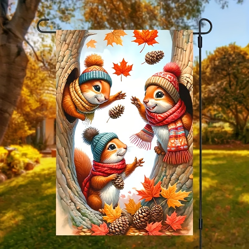 

Festive 18x12 Inch Polyester Garden Flag - Double-sided Squirrel Design With Hats And Scarves, Suitable For Home And Outdoor Decor, Courtyard, Lawn, Patio, Celebrations, All Seasons - No Pole Included