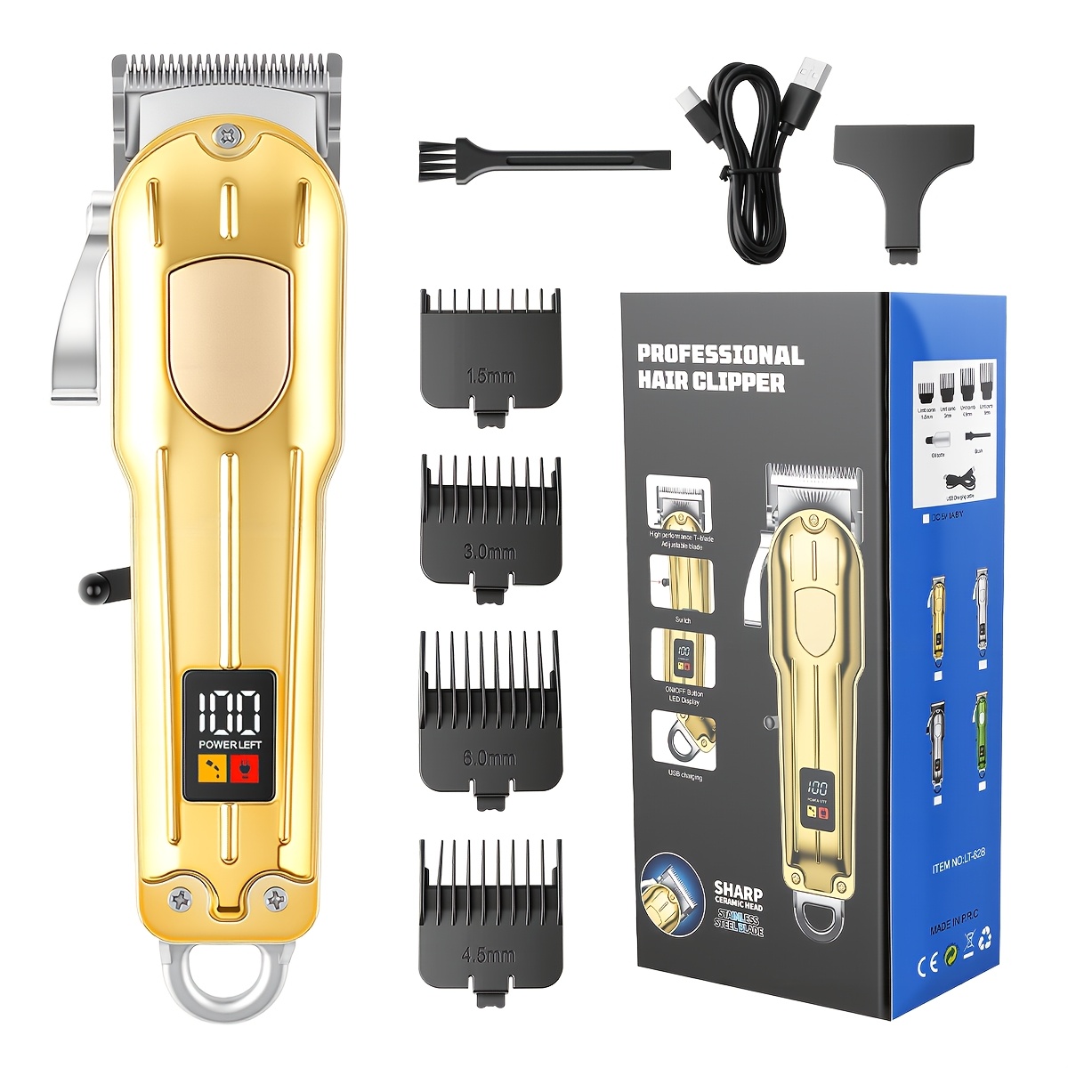 1pc mens golden electric hair clipper   clipper with adjustable serrated blade 4 different size comb attachments usb charging lcd battery level display for home   use