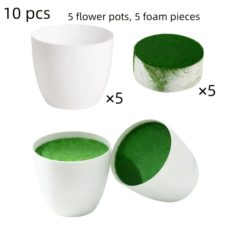E-shop 10 Stück (5 Blumentöpfe + 5 Schaumstoffstücke) Moderne weiße Kunststoff Blumentöpfe Sets | Kunstgras Deko Blumentopf | Multifunktional |