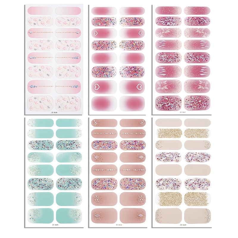 6 Sheets Full Nail Wraps, And Fresh Light Colors Glitter Gradient Nail Sticker, Colorful Floral Sequins Rhinestone , Exquisite Fingertips, Ladies And Home Party Diy Nail Goodies, Exquisite Gift For