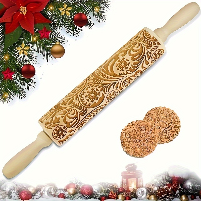 

1pc Wooden Christmas Rolling Pin - Festive Pattern, Material, Non-electric, For Baking & Cooking, Ideal For Holiday Treats, Kitchen Essential