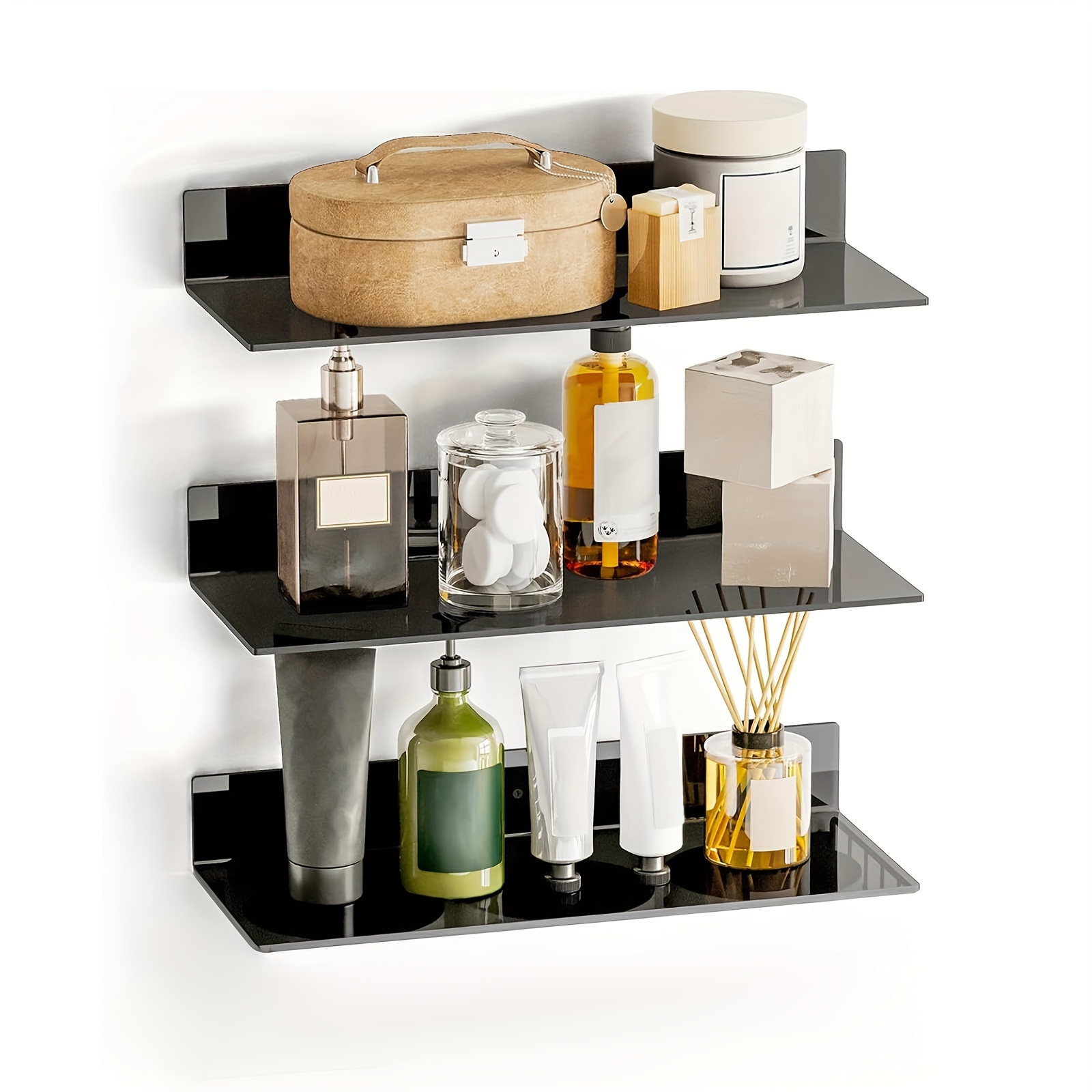 

3+1 Tier , 15x5.9in Floating Wall Mounted Shelves, Bathroom Shelves Over Toilet With Wire Storage Basket, Help You Store Skin Care Products And Other Items (black)