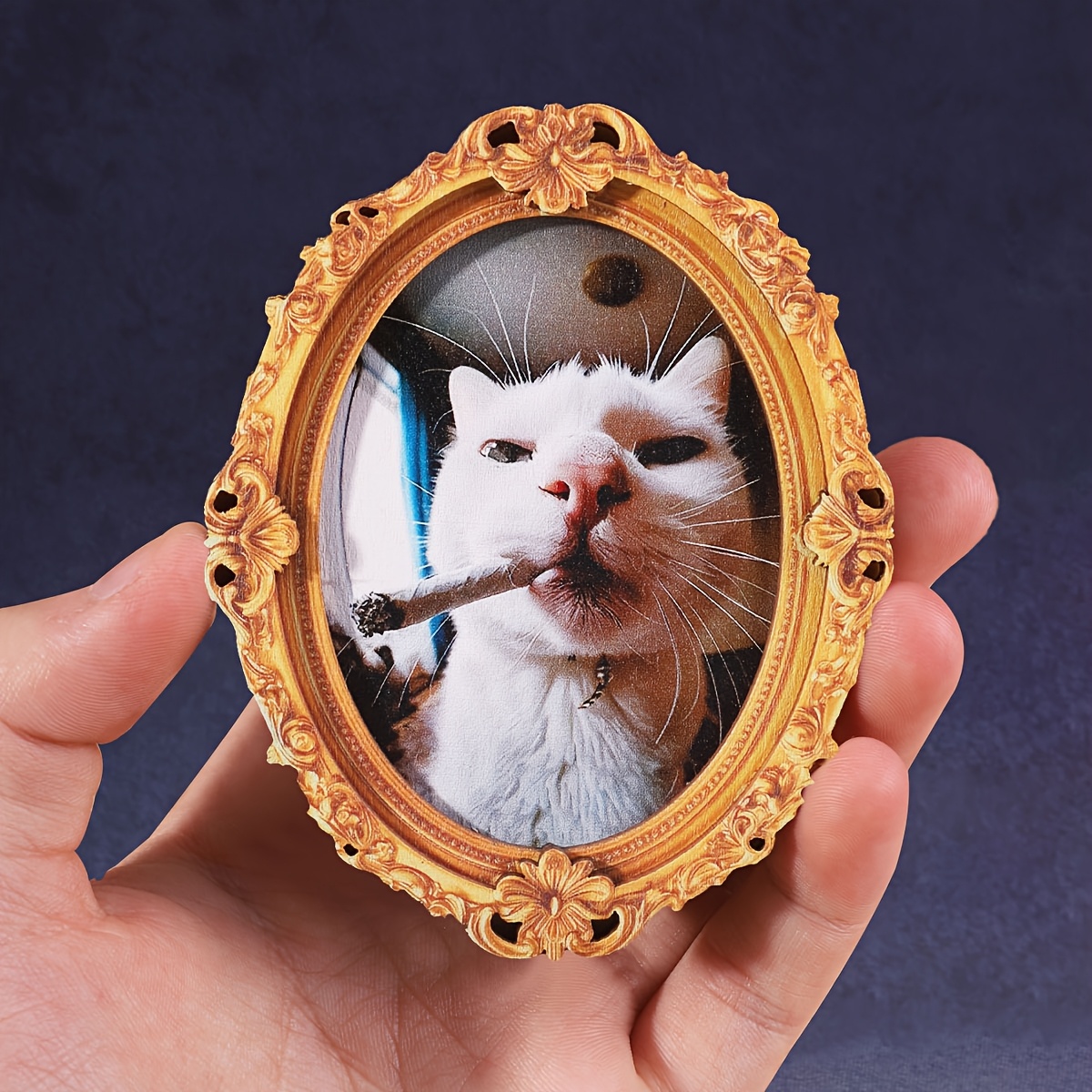 E-shop 1 Kühlschrankmagnet mit rauchender weißer Katze, ovale Form im Vintage-Stil, Mini-Fotorahmen-Form, ein lustiges Wohnaccessoire ein wunderbares