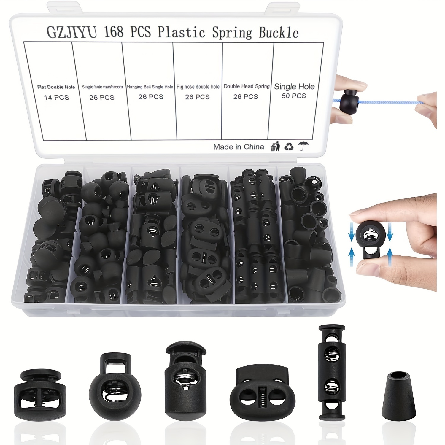 Image of 168pcs Cord Lock, Black Cord Clip, With 1 Transparent Storage Box For Storing Drawstrings, Backpacks, Sportswear, Shoes (plastic/metal)