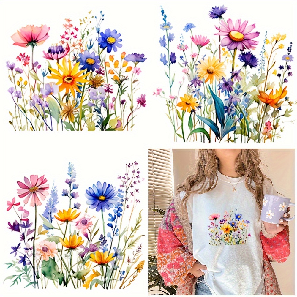 

Watercolor Wildflowers Heat Transfer Vinyl Iron-on Decals - 3 Sheets Beige Patches For T-shirts, Clothing, Hats, Pillows, Backpacks - Easy To Apply Diy Crafts Transfers