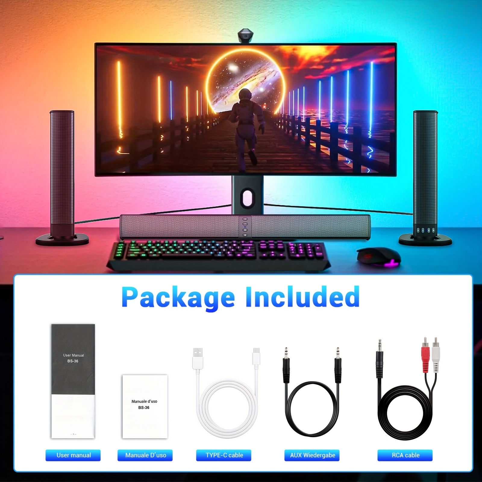 Wireless Sound Bar for Smart TV, 2-in-1 Detachable Surround Soundbar with Bluetooth/RCA/AUX