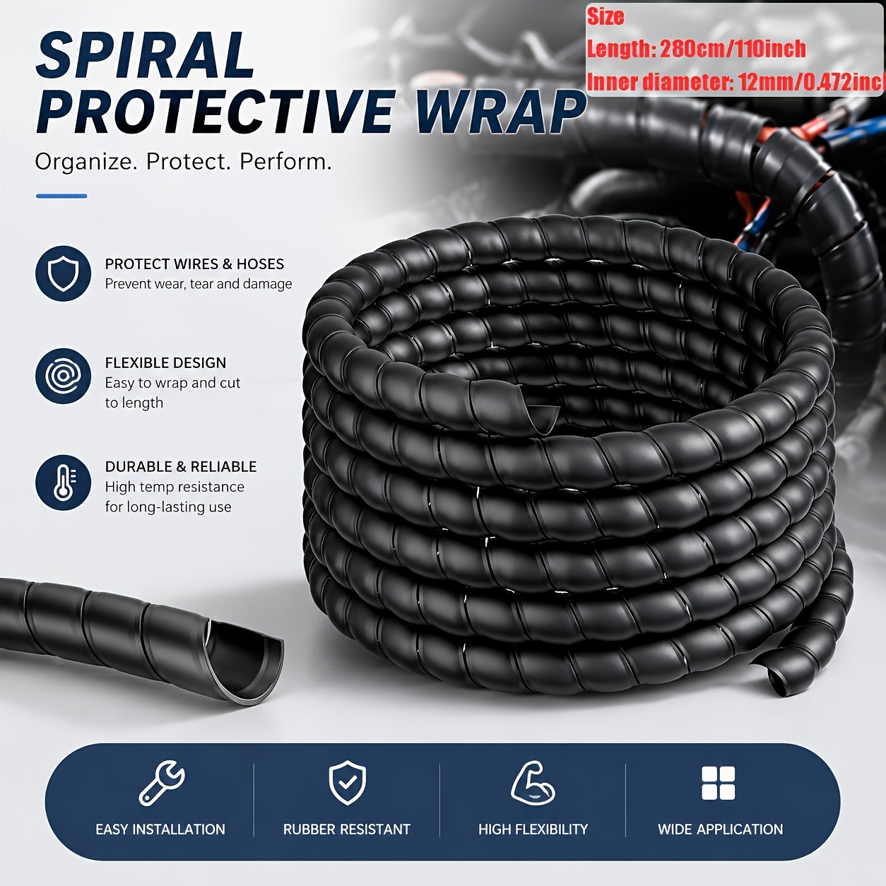 TEMU Nouveau protecteur de tuyau hydraulique universel pour voiture, spirale de protection de 280 cm de long