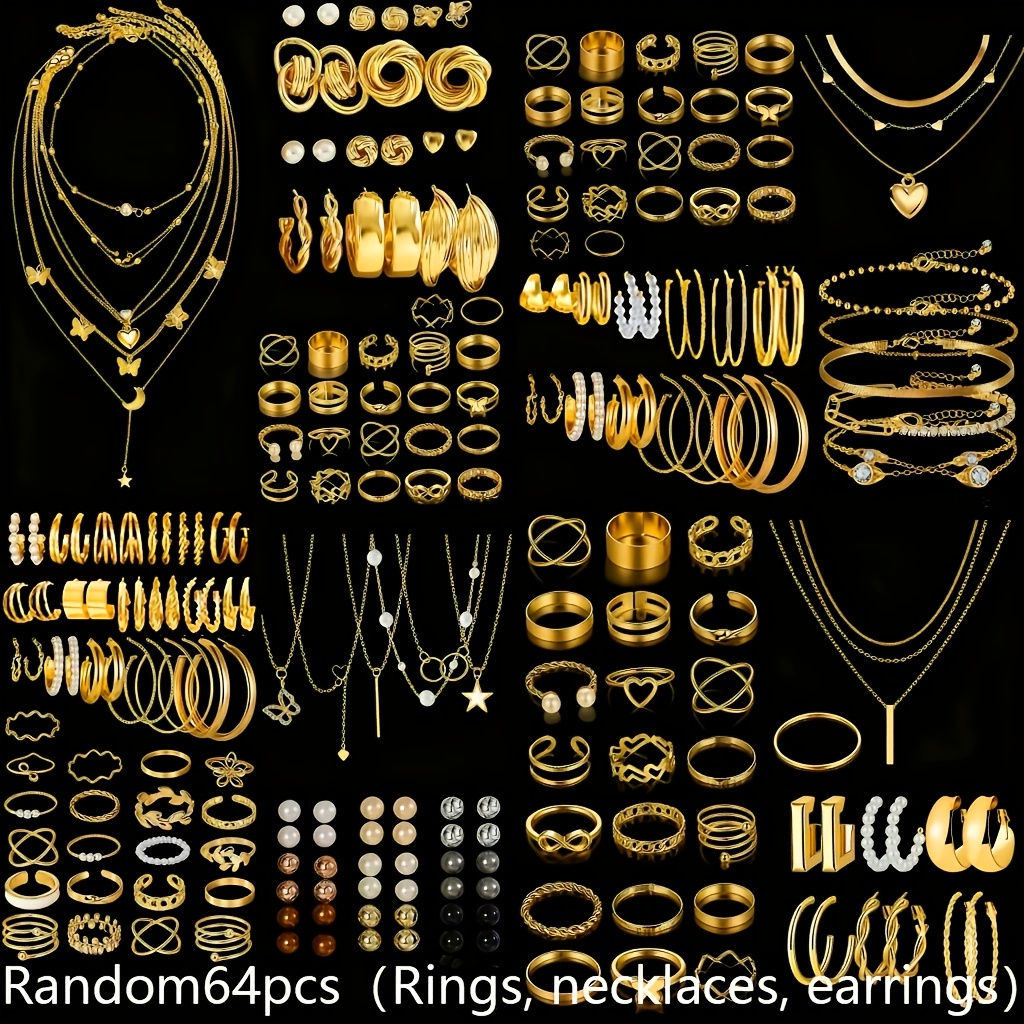 TEMU Random 64pcs Set Women's Jewelry Set, Fashionable, Luxurious, Elegant, High-end, Old Money Style, Artificial, Heart, , Twisted, Bohemian Style