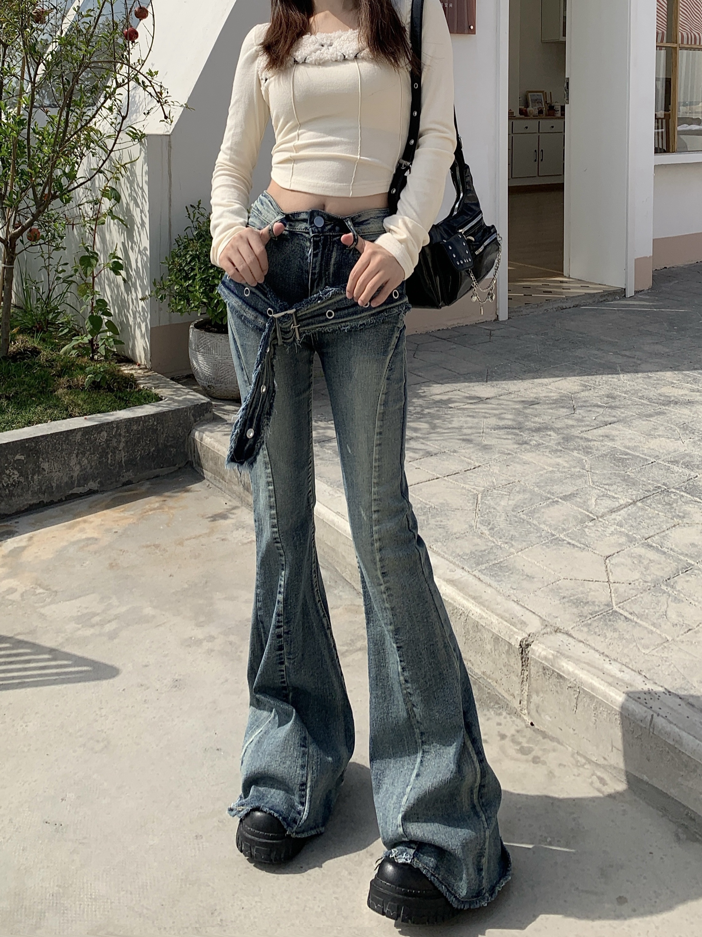 本日までHIGH WAIST BELL-BOTTOM DENIM PANTS High Waisted Bell Bottom Jeans for Women Trendy Skinny