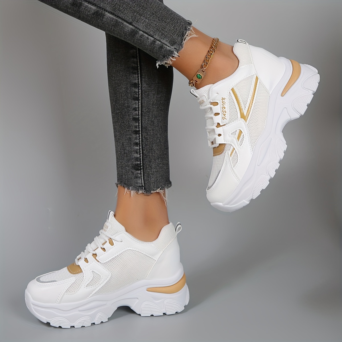 

Women's Fashion Chunky Platform Sneakers, Breathable Height-increasing Casual Sports Shoes, Lace-up Sporty Trainers