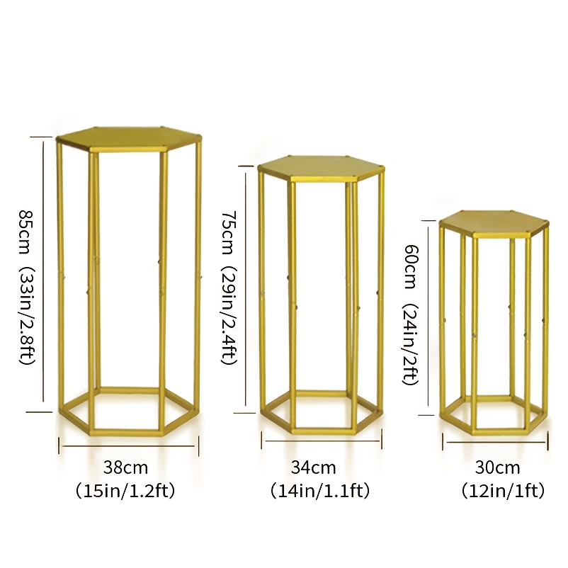 Non-food Contact 3pcs Golden Hexagon Pedestal Dessert Table Stand Cylinder Stands For Party Wedding Flower Frames Party Cake Table Living Room Decor High Quality Indoor And Outdoor Decor