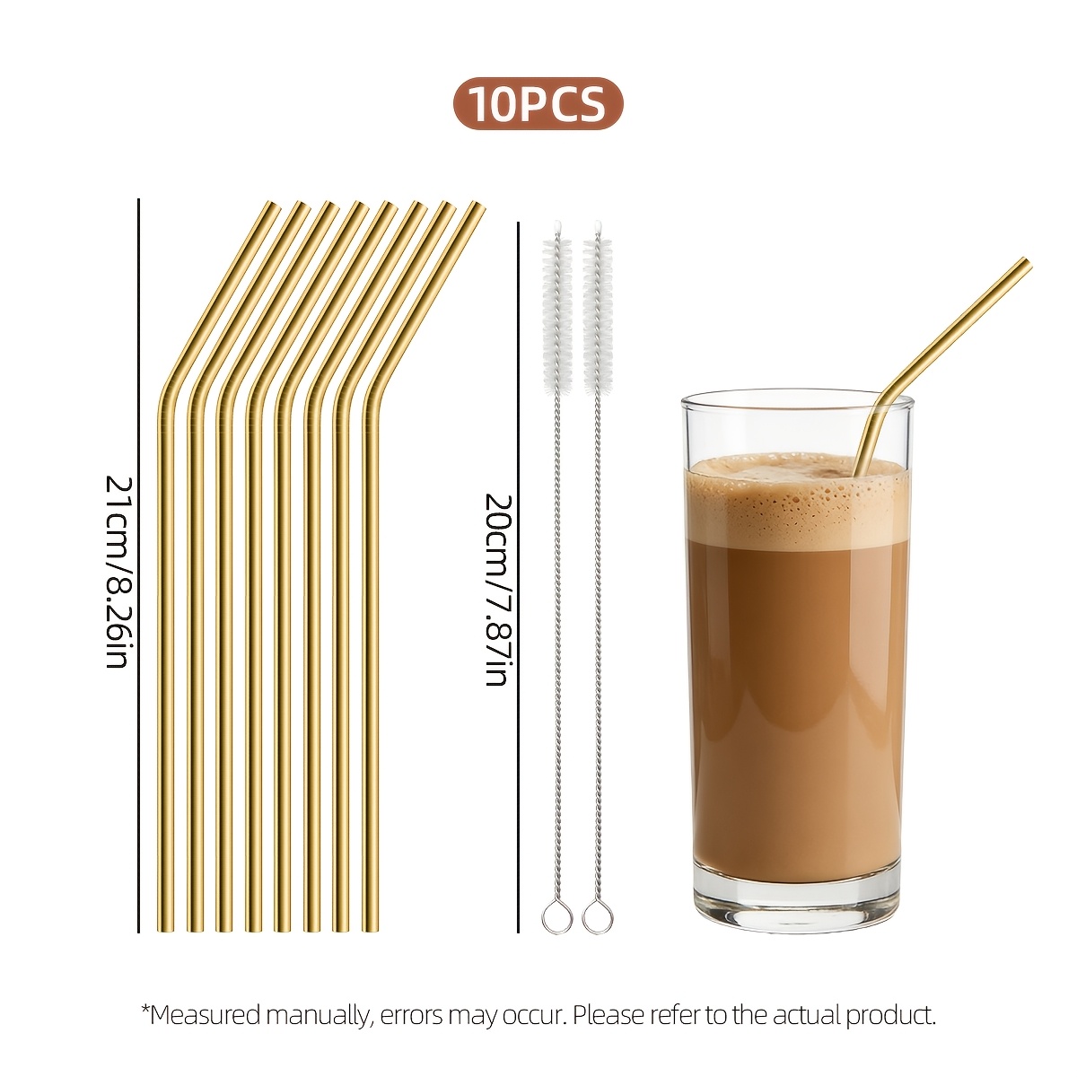 TEMU 10pcs Reusable Straws With Cleaning Brush, Stainless Steel Sturdy Bent Drinking Straws, Food-grade , Suitable For Juice, Smoothies, Milk Tea,