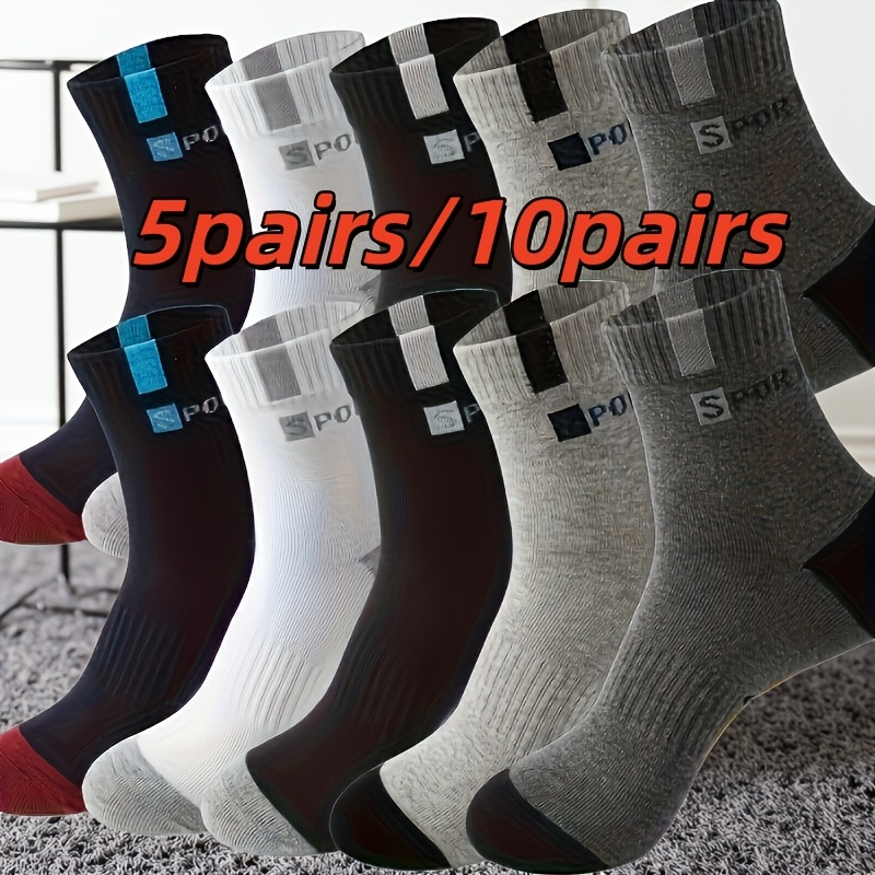 10 Pares/5 Pares - Calcetines Deportivos Transpirables para Hombres - Estampado de Letras de Moda, Alta Elasticidad, Calcetines para Correr al Aire Libre, Calcetines Unisex para Senderismo y Deportes, Calcetines de Moda con Letras Tendencia
