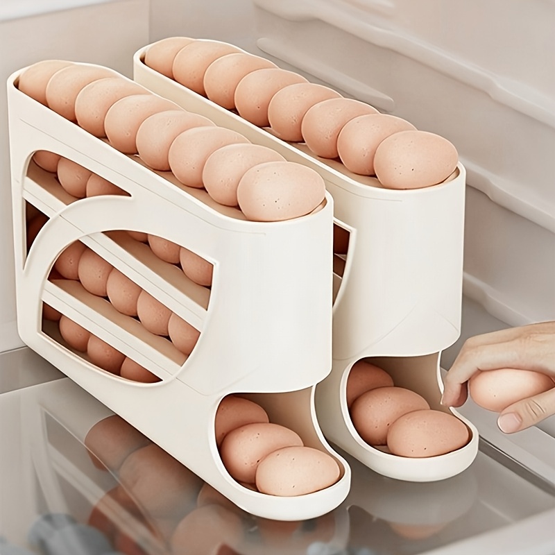 TEMU 1pc Refrigerator Rack Automatic Slide Slant Mouth Egg Storage Organizer Large Capacity Stackable Egg Container For Egg Storage