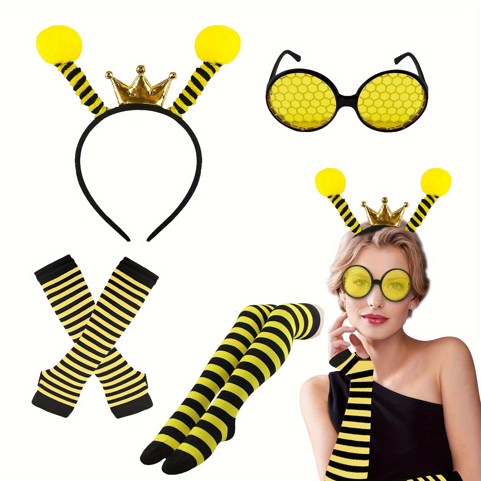 

6pcs Bee Costume Kit Bee Antenna Headband Bee Striped Leg Warmers Knee And Gloves Bee Costume Accessories, For Halloween Party Dressing Up