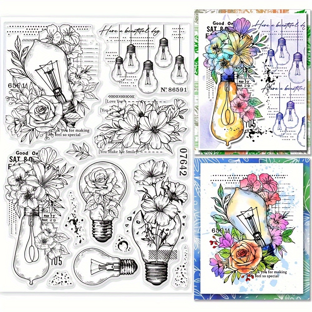 

Silicone Clear Stamp Set - 1pcs, Flower And Light Bulb Themed, Square Shape For Diy Crafting, Card Making And Scrapbooking