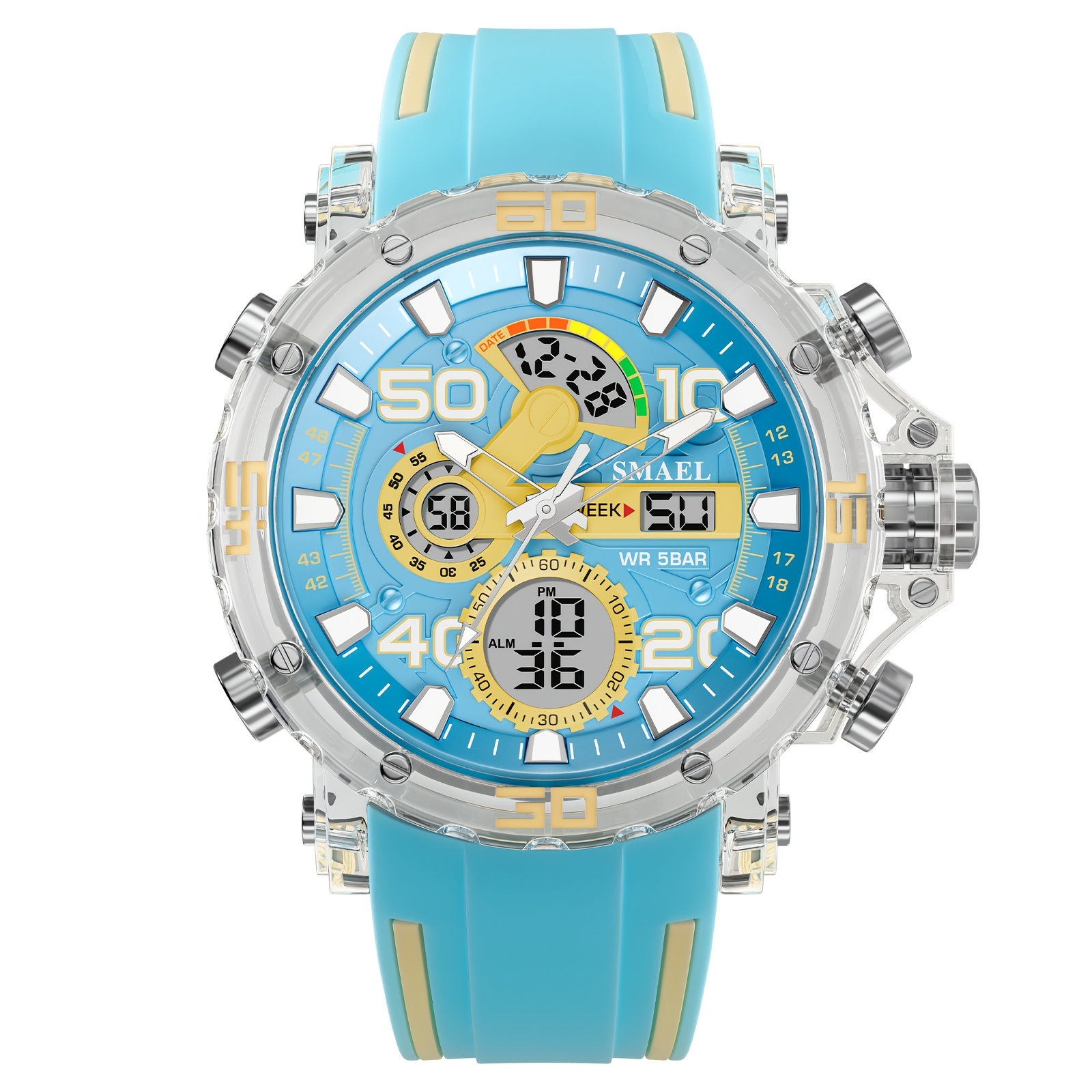 Image of Smael Watch, Silicone Strap Glossy Dial Individual Electronic Watch Fashion Trendy Electronic Watch, Alarm Calendar Stopwatch Multifunctional Hiking Outdoor Watch