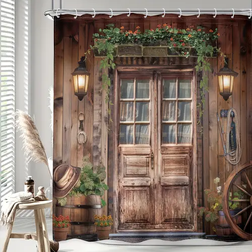 1pc rustic barn door shower curtain farmhouse wooden board plank vintage retro wheel green leaves plant bathroom polyester waterproof 12 pack hooks 71wx71h inch
