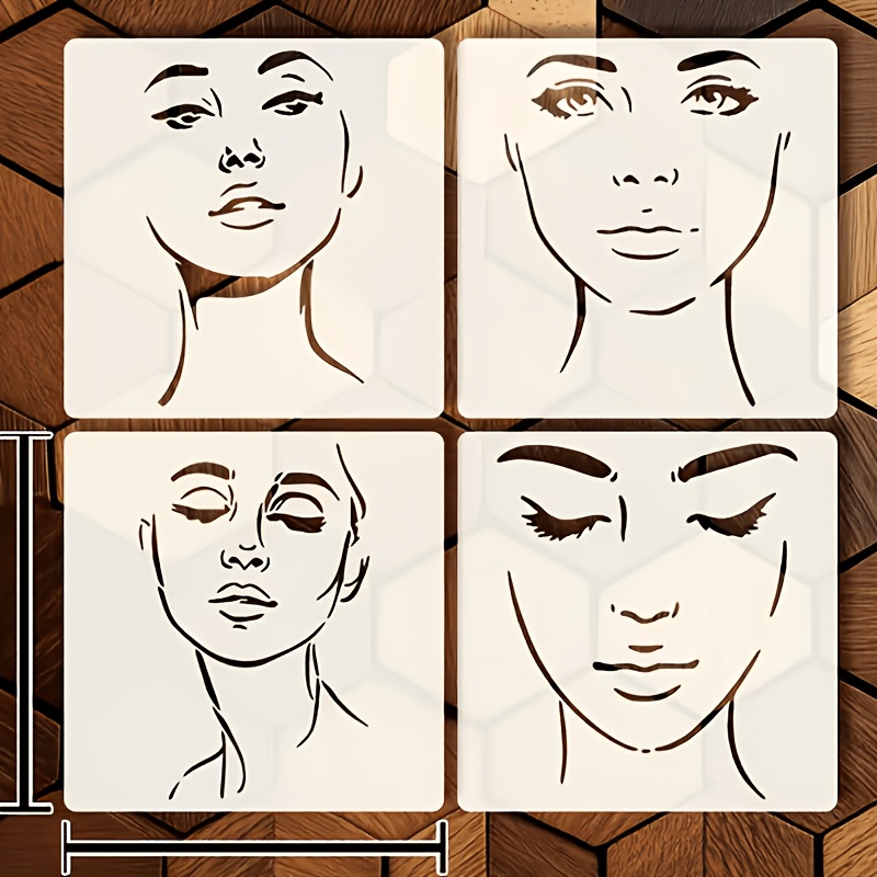 TEMU A Set Of 4 Reusable Abstract Female Face Stencils, Each Measuring 6x6 Inches, Perfect For Painting On Such As Canvas, Wood, Walls, Fabric, And