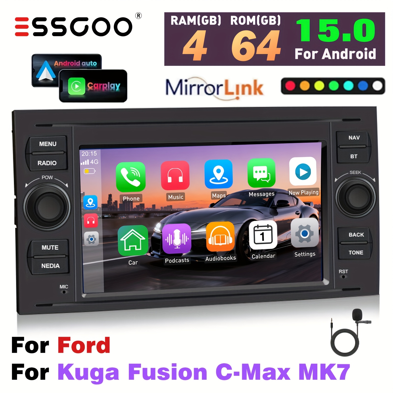 Essgoo 7" 15 Car Stereo 4g+64gb - -one 2din For Ford Unit With Wireless Carplayer & Auto, Built-in Gps Navigation, Wi-fi, Rds Fm, , Swc & Backup Camera Input