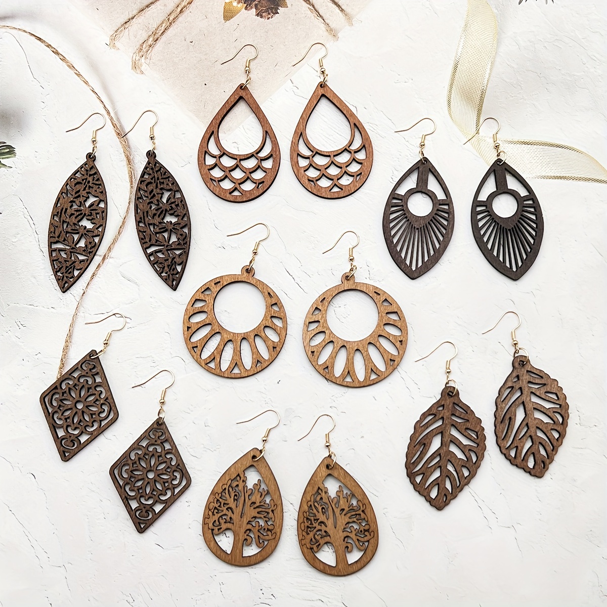 TEMU 7 Pairs/set Retro Color Hollow Wooden Earrings, Bohemian Simple And Versatile Personal Wooden Earrings For Women